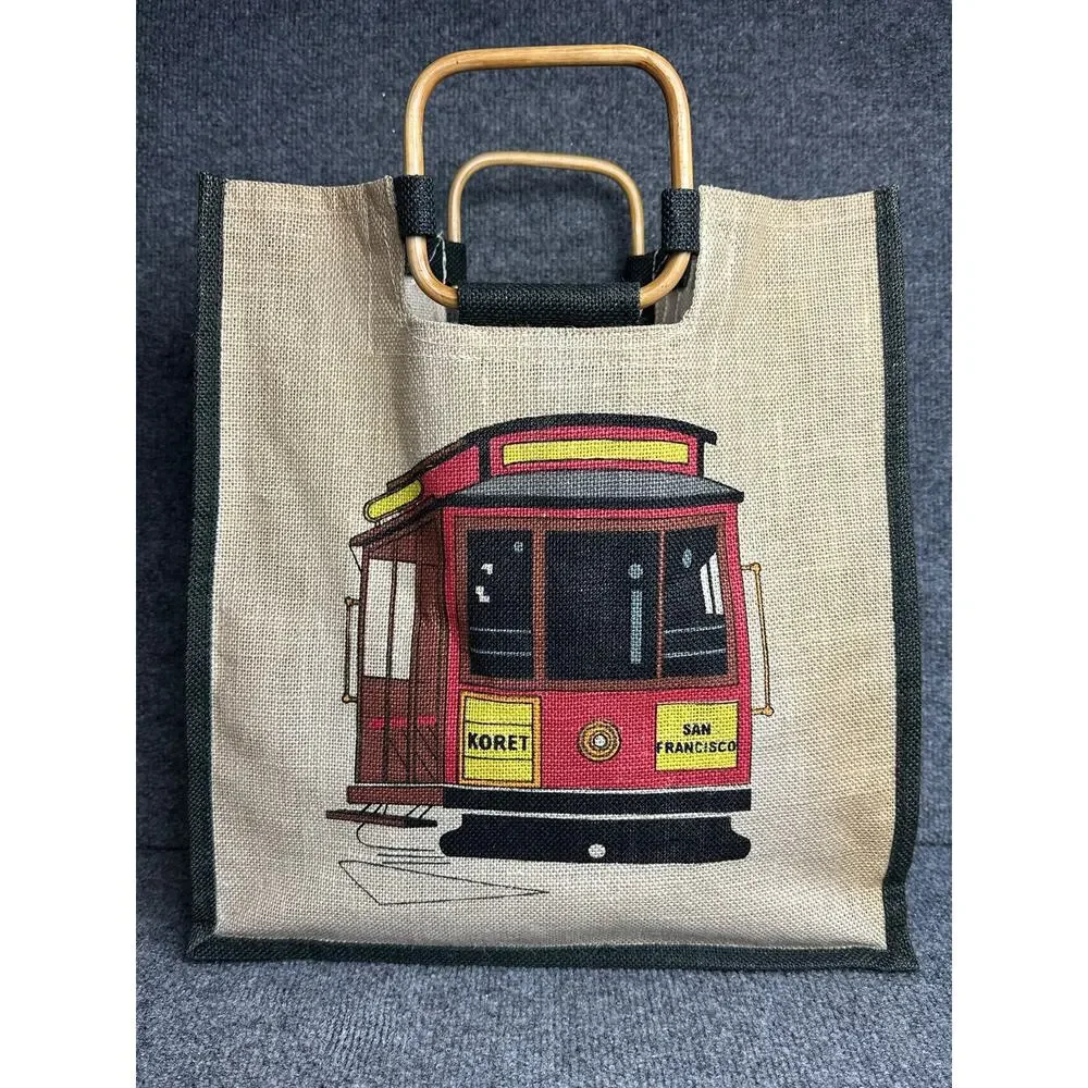 Vintage burlap tote San Francisco cable car trolley bamboo handles by Koret 15”